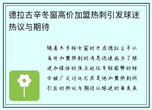 德拉古辛冬窗高价加盟热刺引发球迷热议与期待