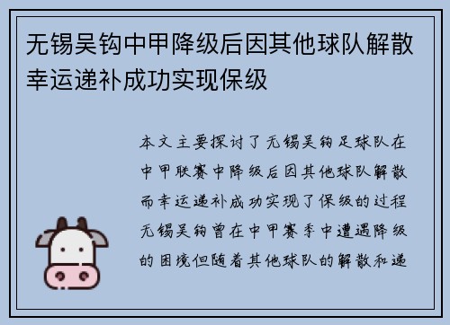 无锡吴钩中甲降级后因其他球队解散幸运递补成功实现保级